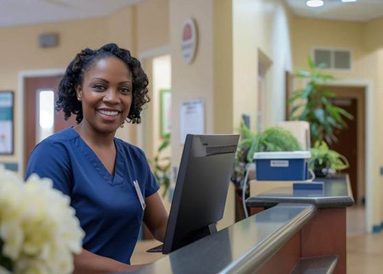 Dental team member standing behind front desk
