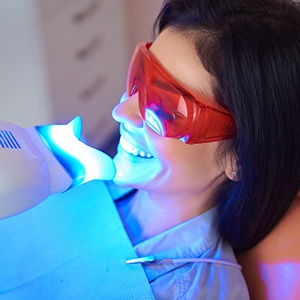 UV light applied to woman’s teeth whitening